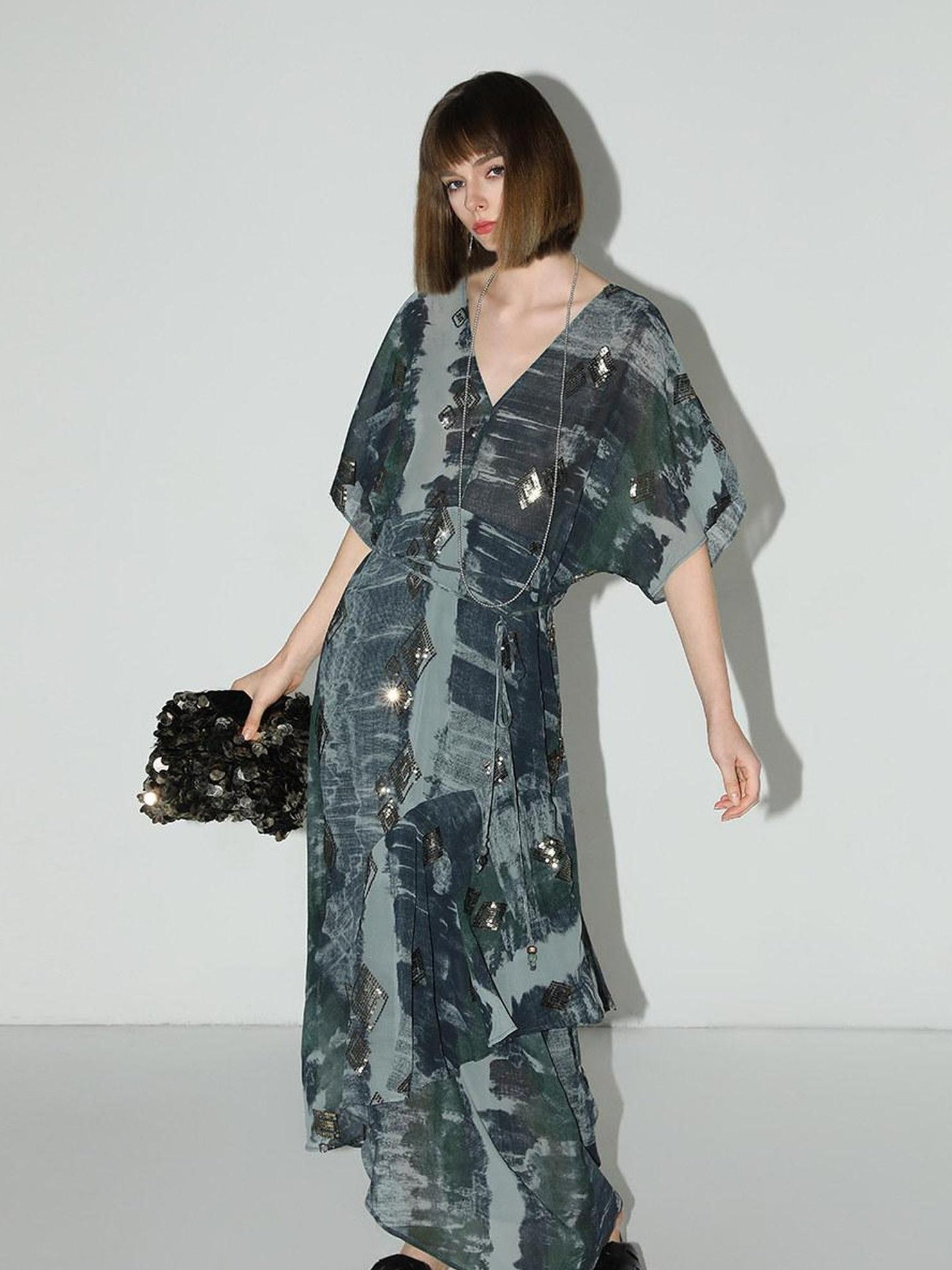 COCOBELLA Resort V Neck Embroidered Printed Sequin Belted Relaxed Straight Skirt Dresses