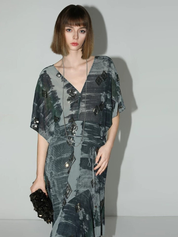 COCOBELLA Resort V Neck Embroidered Printed Sequin Belted Relaxed Straight Skirt Dresses