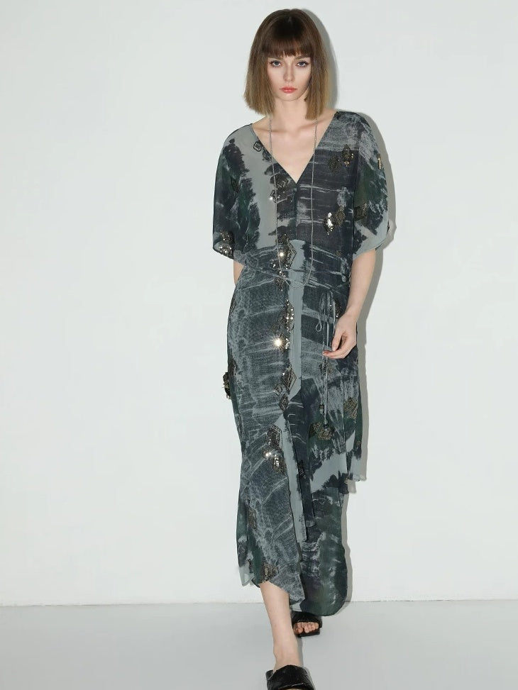 COCOBELLA Resort V Neck Embroidered Printed Sequin Belted Relaxed Straight Skirt Dresses