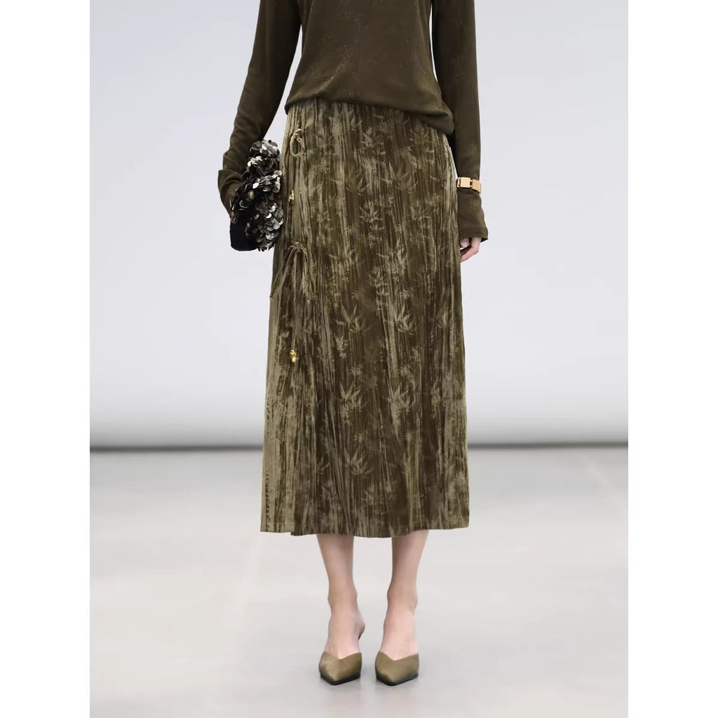 COCOBELLA_Retro_Green_Chinese_Tie_Detail_3D_Embellished_Mid_Waist_Pleated_Midi_Skirts_MISSTT