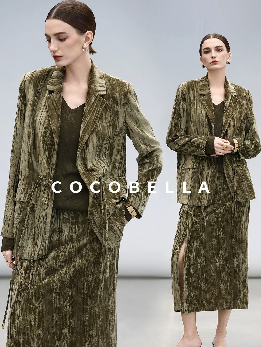 COCOBELLA Retro Green Chinese Tie Detail 3D Embellished Mid Waist Pleated Midi Skirts