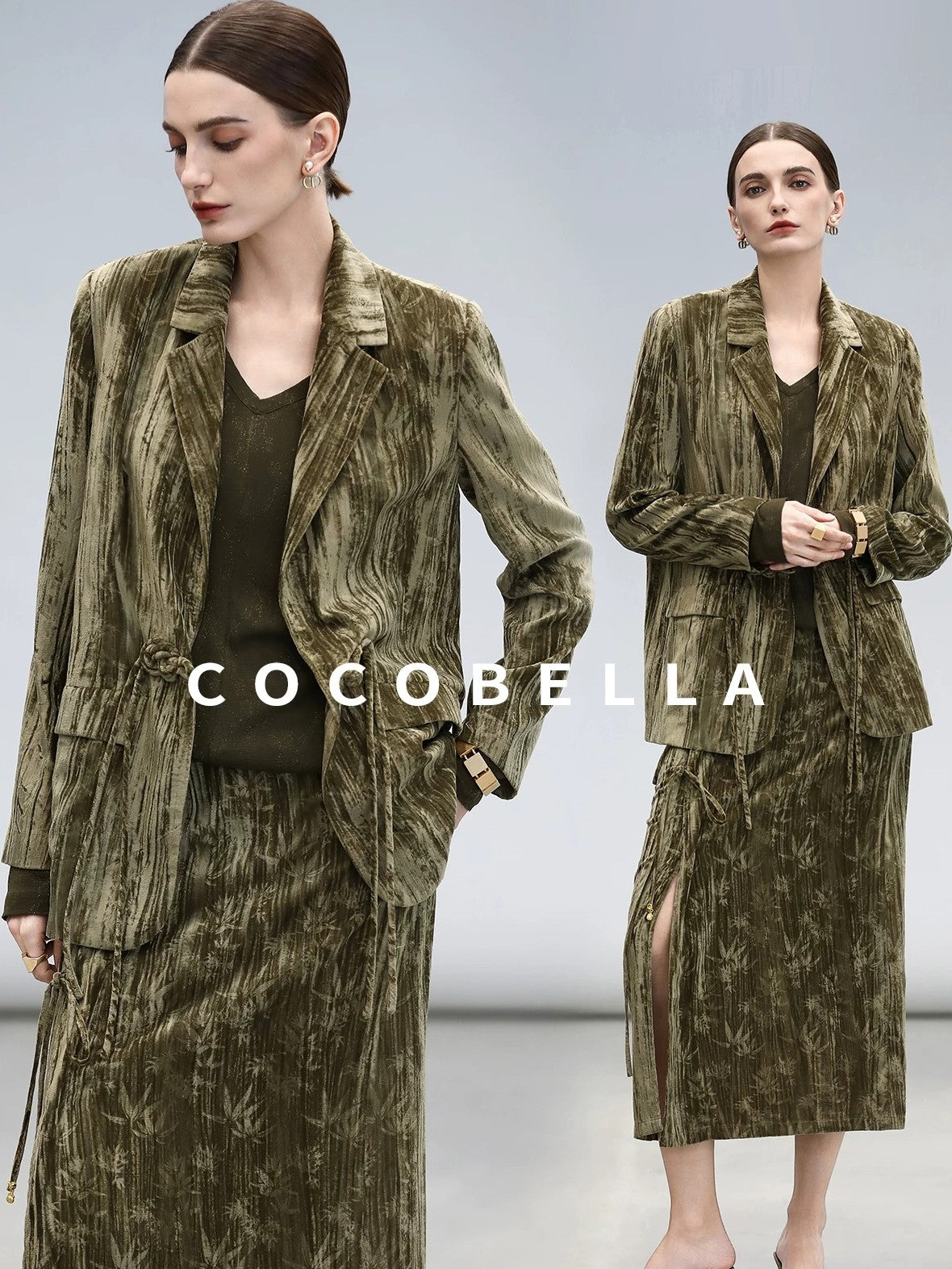 COCOBELLA Retro Green Chinese Tie Detail 3D Embellished Mid Waist Pleated Midi Skirts