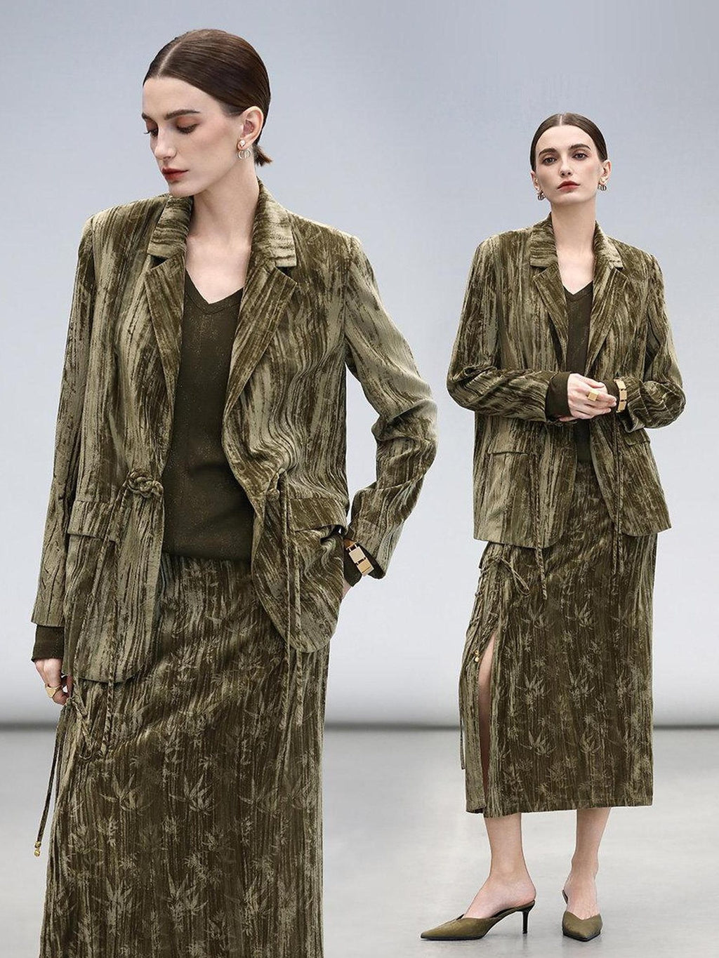 COCOBELLA Retro Green Chinese Tie Detail 3D Embellished Mid Waist Pleated Midi Skirts