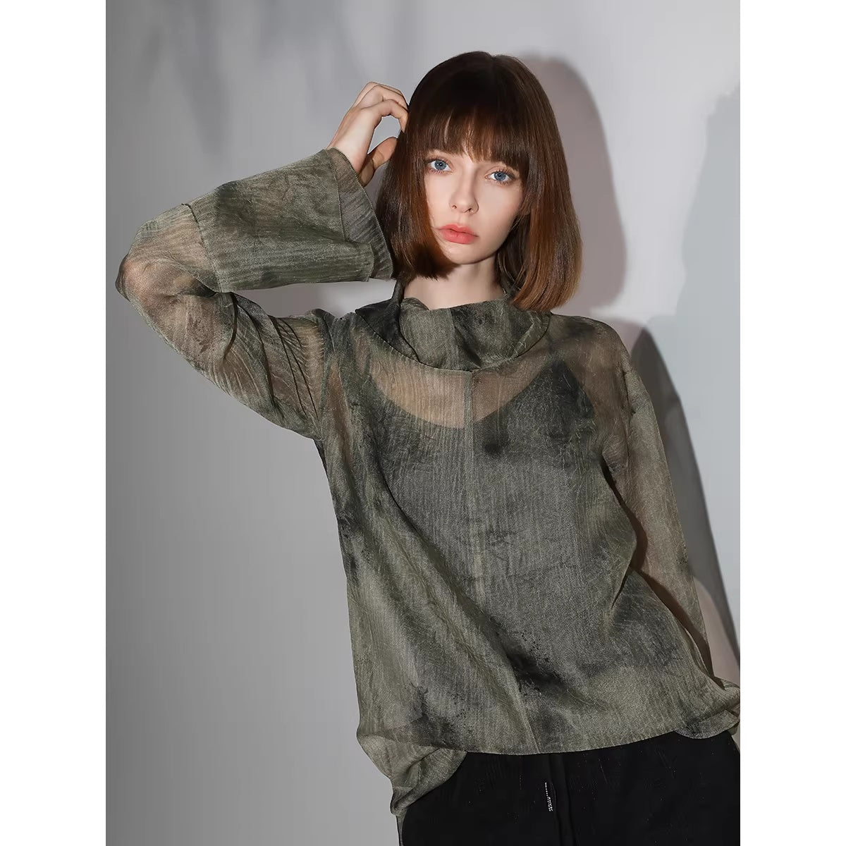 COCOBELLA_Retro_Office_Pleated_High_Neck_Loose_Fit_Long_Sleeve_Printed_Women_T-Shirts_MISSTT