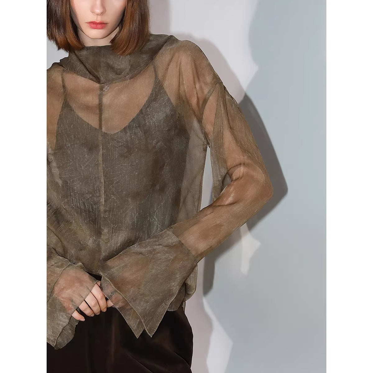 COCOBELLA_Retro_Office_Pleated_High_Neck_Loose_Fit_Long_Sleeve_Printed_Women_T-Shirts_MISSTT