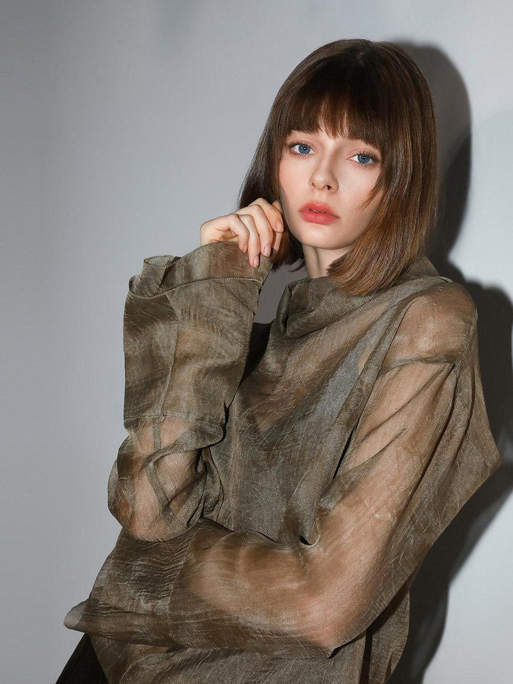 COCOBELLA Retro Office Pleated High Neck Loose Fit Long Sleeve Printed Women T-Shirts