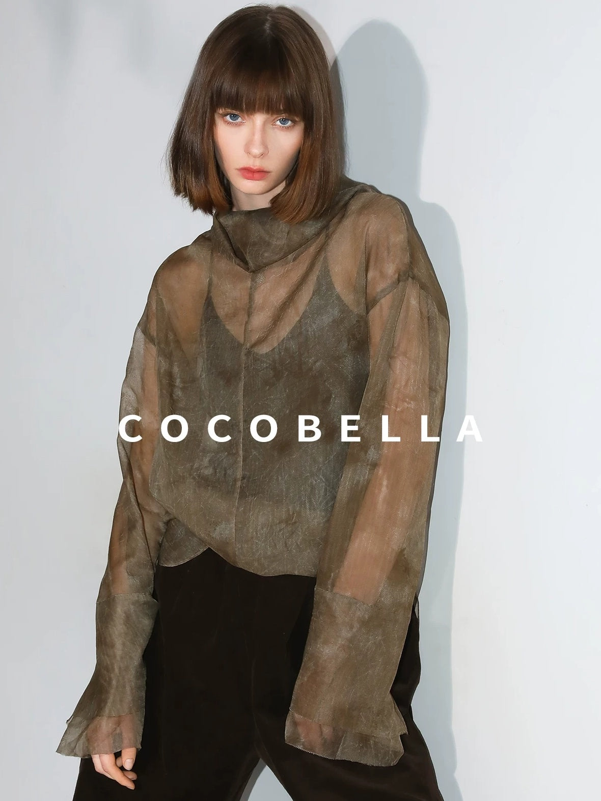 COCOBELLA Retro Office Pleated High Neck Loose Fit Long Sleeve Printed Women T-Shirts