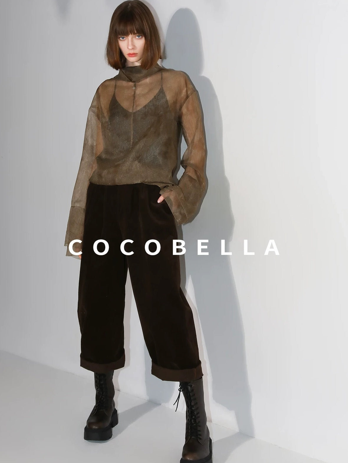 COCOBELLA Retro Office Pleated High Neck Loose Fit Long Sleeve Printed Women T-Shirts