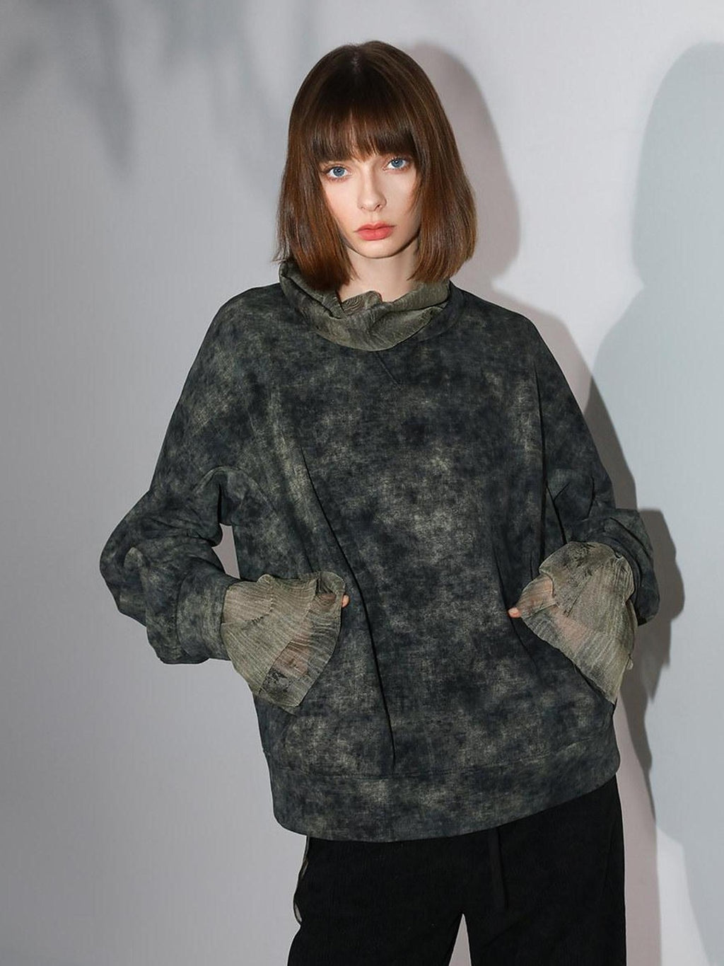 COCOBELLA Retro Office Pleated High Neck Loose Fit Long Sleeve Printed Women T-Shirts