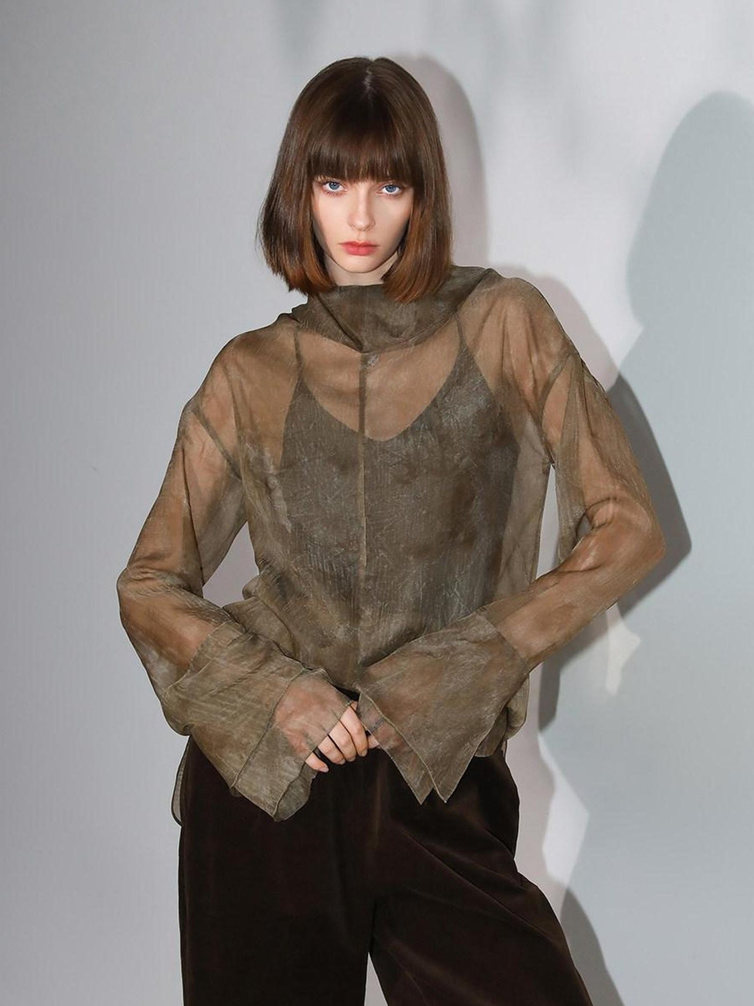 COCOBELLA Retro Office Pleated High Neck Loose Fit Long Sleeve Printed Women T-Shirts