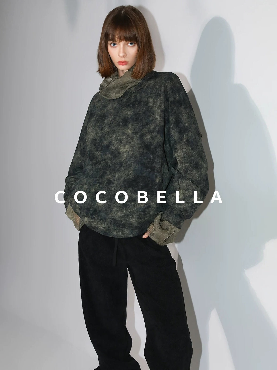 COCOBELLA Retro Office Pleated High Neck Loose Fit Long Sleeve Printed Women T-Shirts