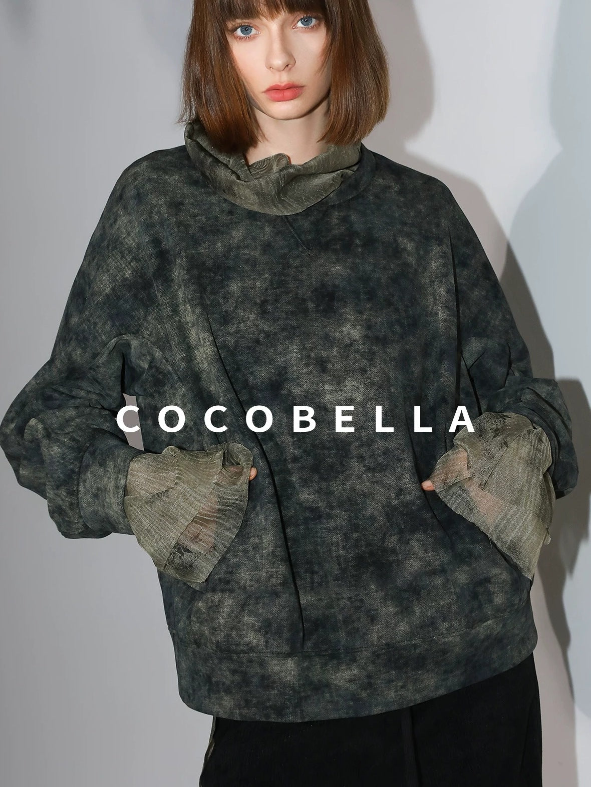 COCOBELLA Retro Office Pleated High Neck Loose Fit Long Sleeve Printed Women T-Shirts