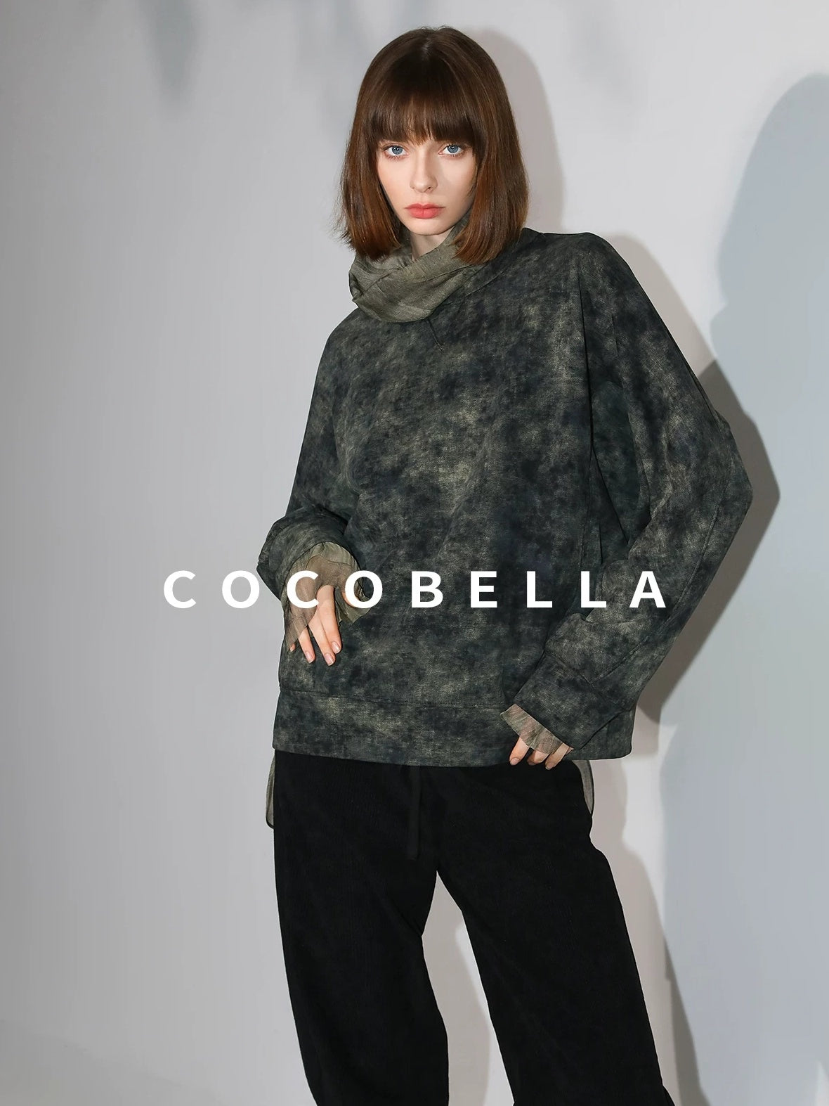 COCOBELLA Retro Office Pleated High Neck Loose Fit Long Sleeve Printed Women T-Shirts