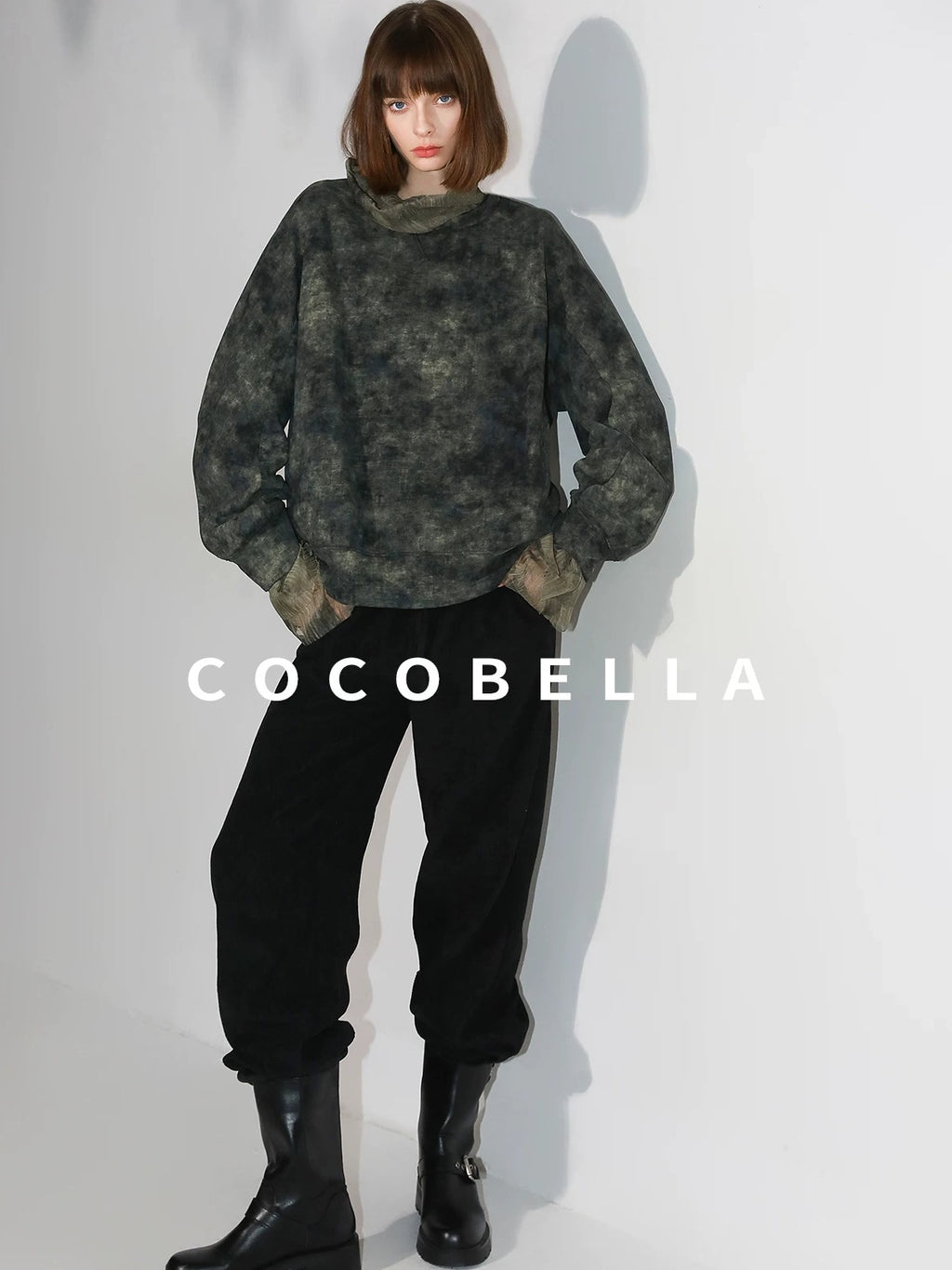 COCOBELLA Retro Office Pleated High Neck Loose Fit Long Sleeve Printed Women T-Shirts