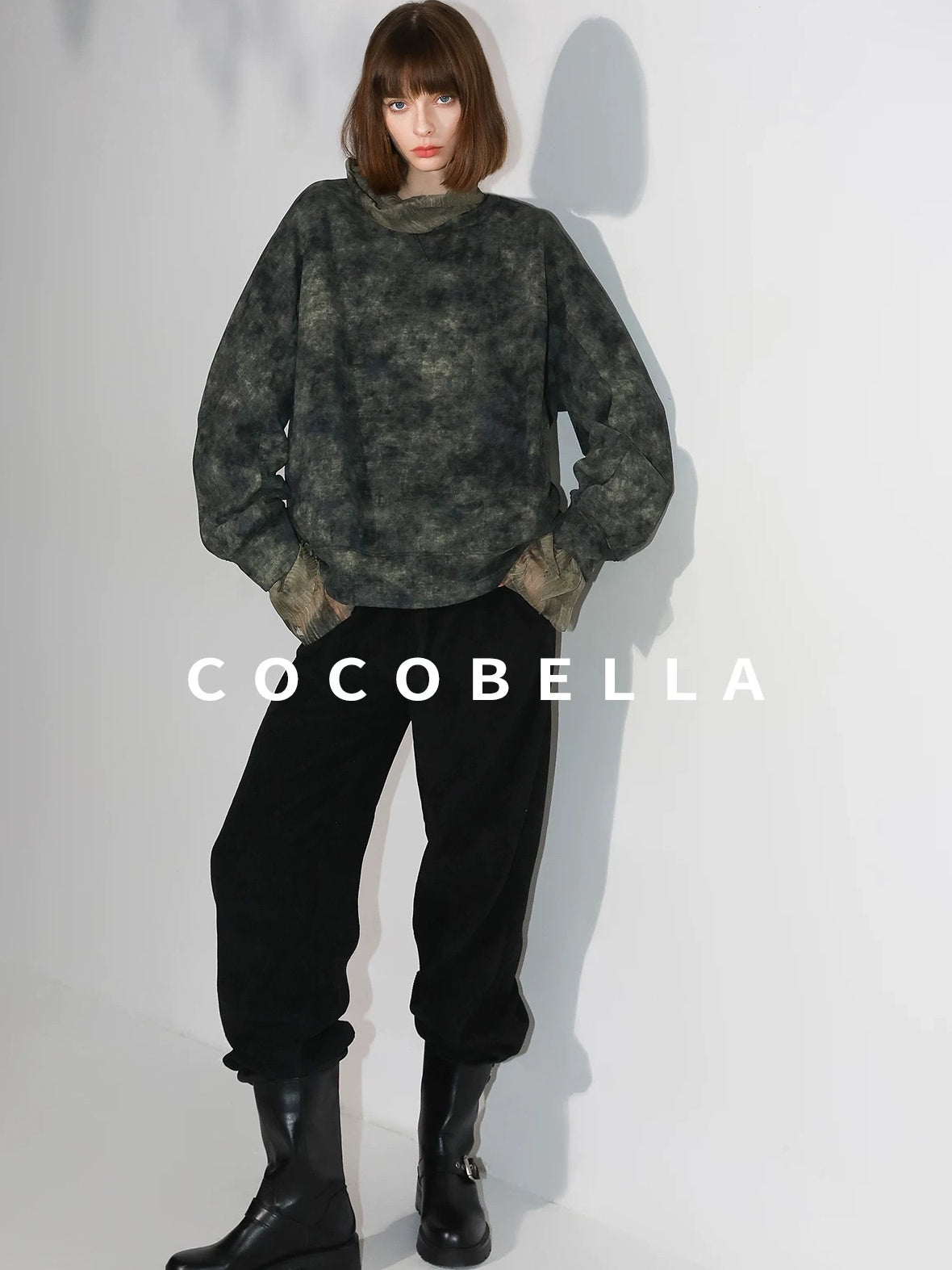 COCOBELLA Retro Office Pleated High Neck Loose Fit Long Sleeve Printed Women T-Shirts