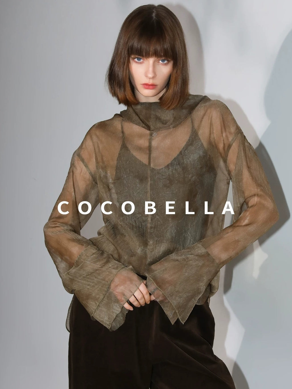 COCOBELLA Retro Office Pleated High Neck Loose Fit Long Sleeve Printed Women T-Shirts