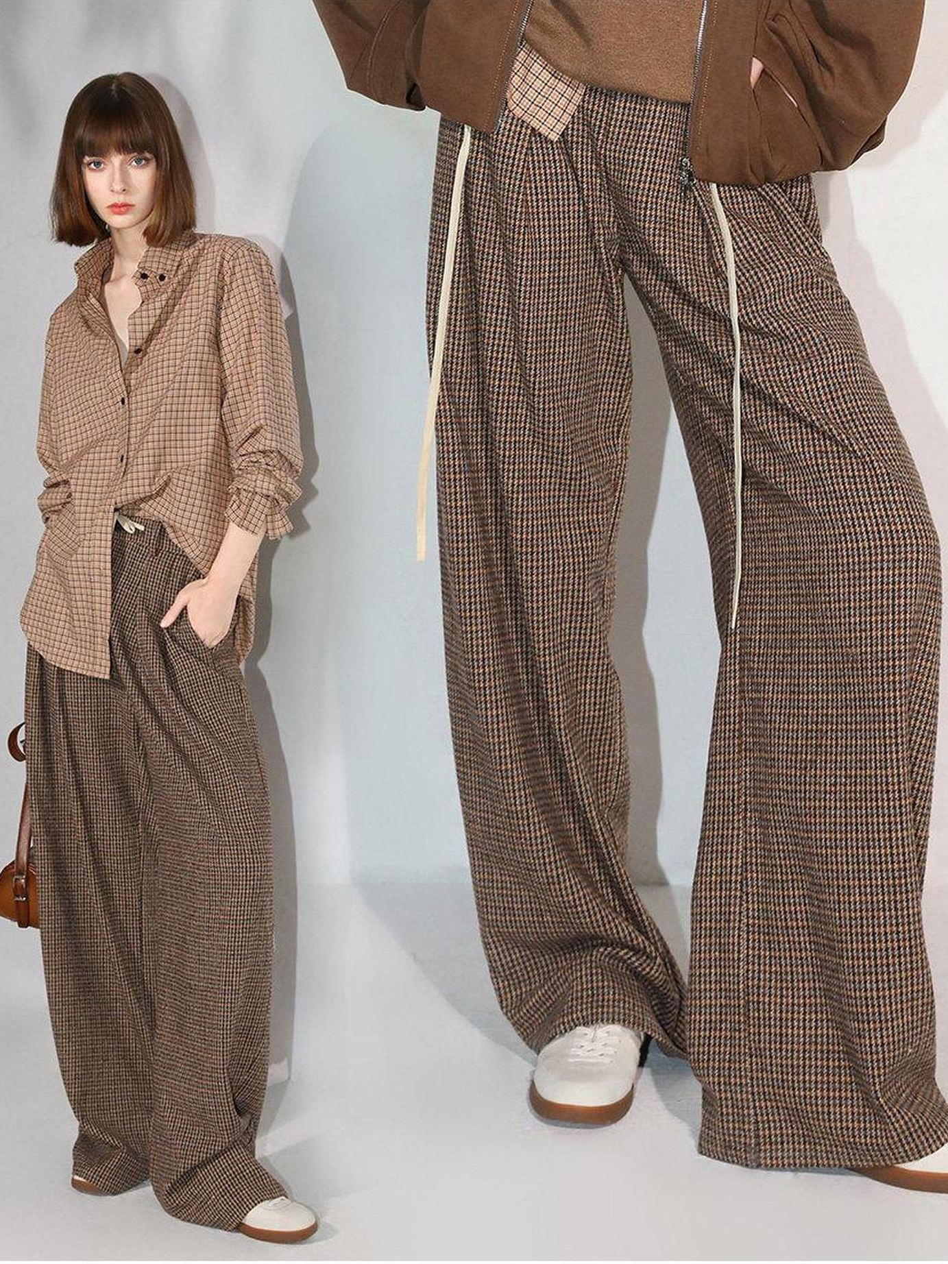 COCOBELLA Retro Plaid Button Pocket Natural Waist Office Straight Leg Pants