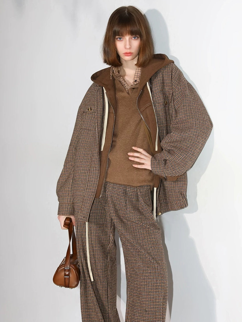 COCOBELLA Retro Plaid Button Pocket Natural Waist Office Straight Leg Pants