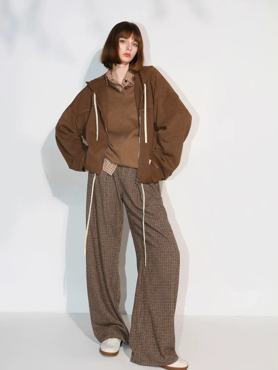 COCOBELLA Retro Plaid Button Pocket Natural Waist Office Straight Leg Pants