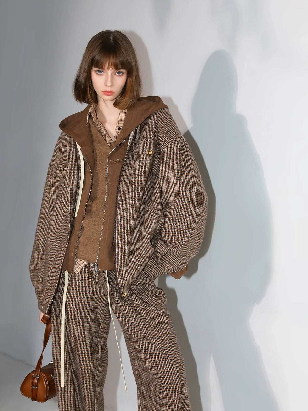 COCOBELLA Retro Plaid Button Pocket Natural Waist Office Straight Leg Pants