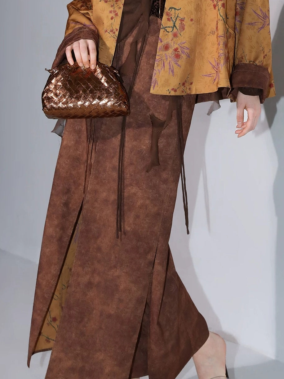 COCOBELLA Reversible Chinese Jacquard Mid Rise A Line Side Slit Office Maxi Skirts