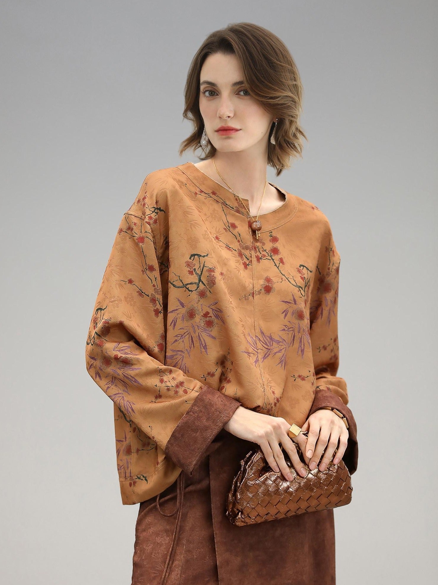 COCOBELLA Reversible Tea Gold Loose Asymmetrical Jacquard Women Long Sleeve Shirts