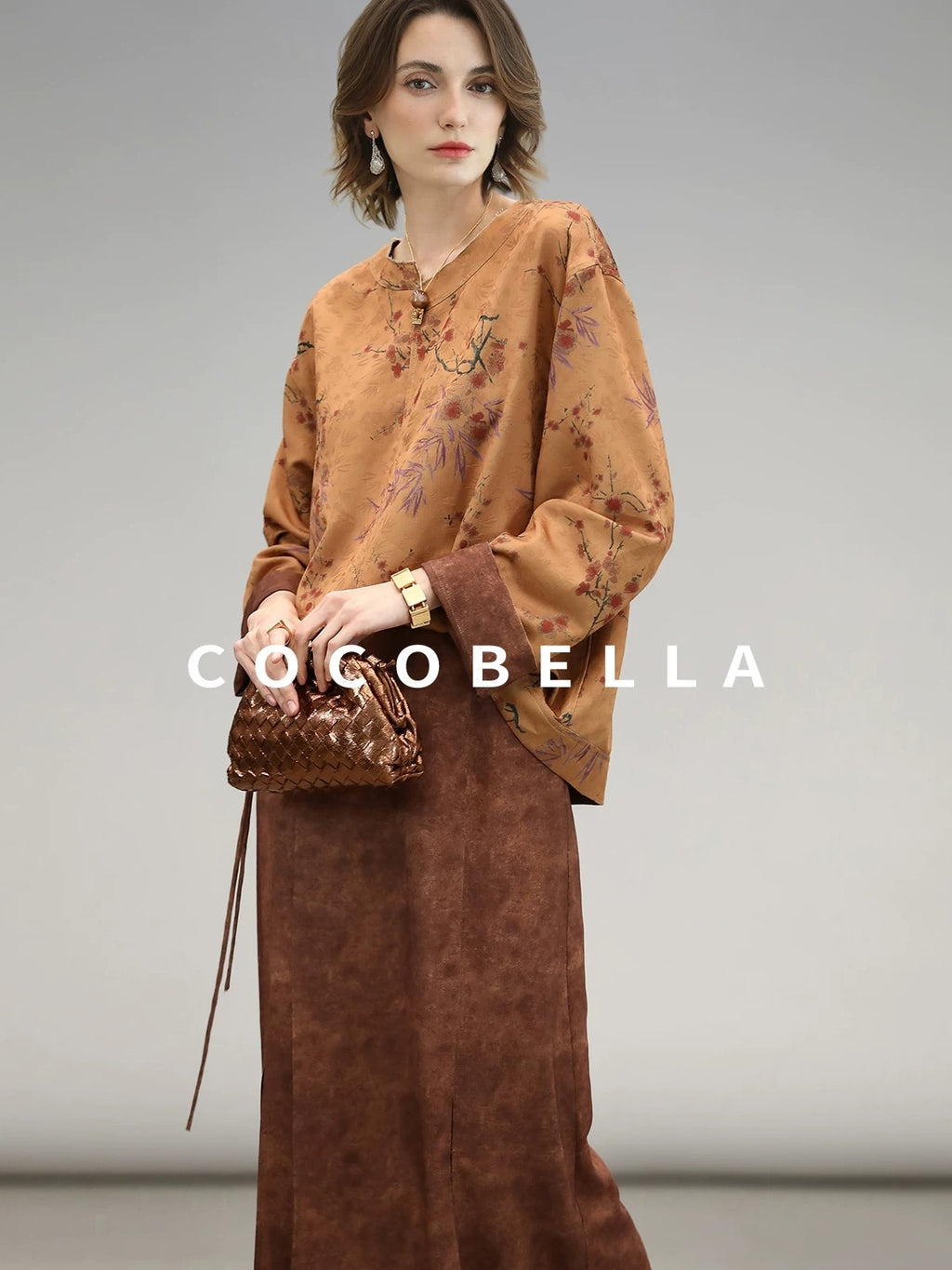 COCOBELLA Reversible Tea Gold Loose Asymmetrical Jacquard Women Long Sleeve Shirts