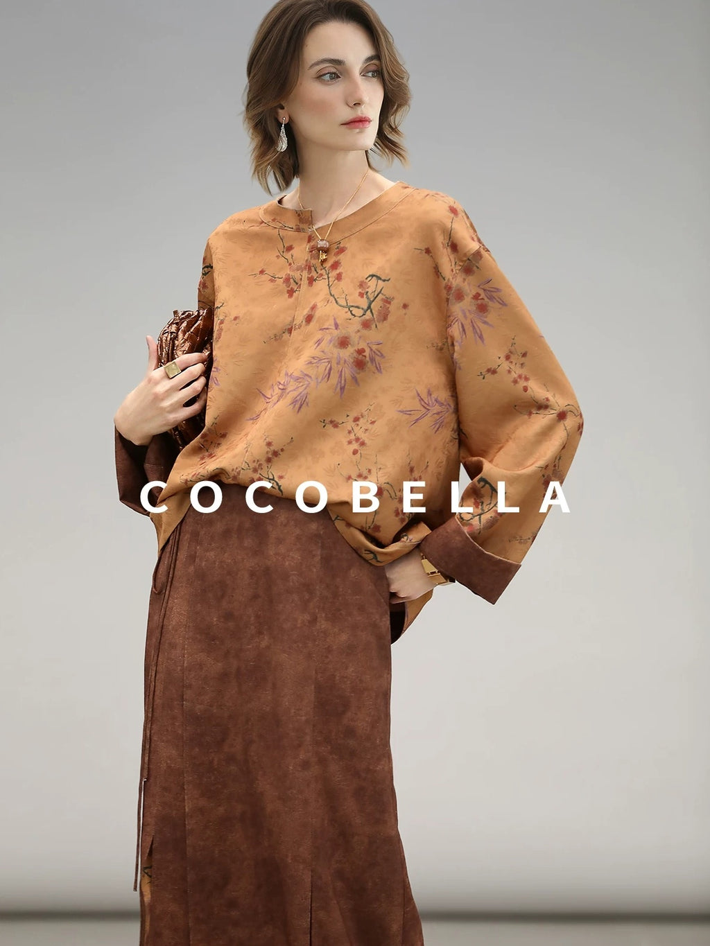 COCOBELLA Reversible Tea Gold Loose Asymmetrical Jacquard Women Long Sleeve Shirts