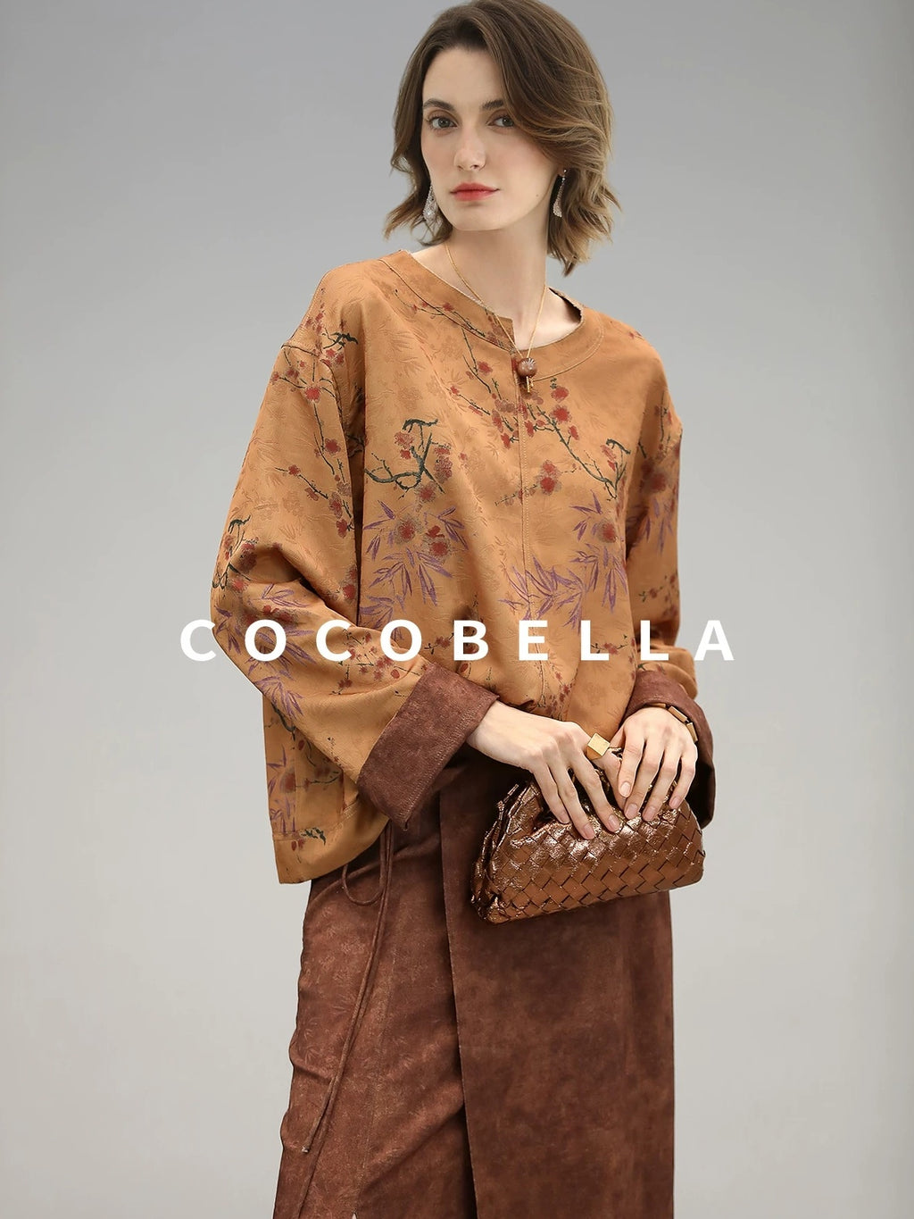 COCOBELLA Reversible Tea Gold Loose Asymmetrical Jacquard Women Long Sleeve Shirts