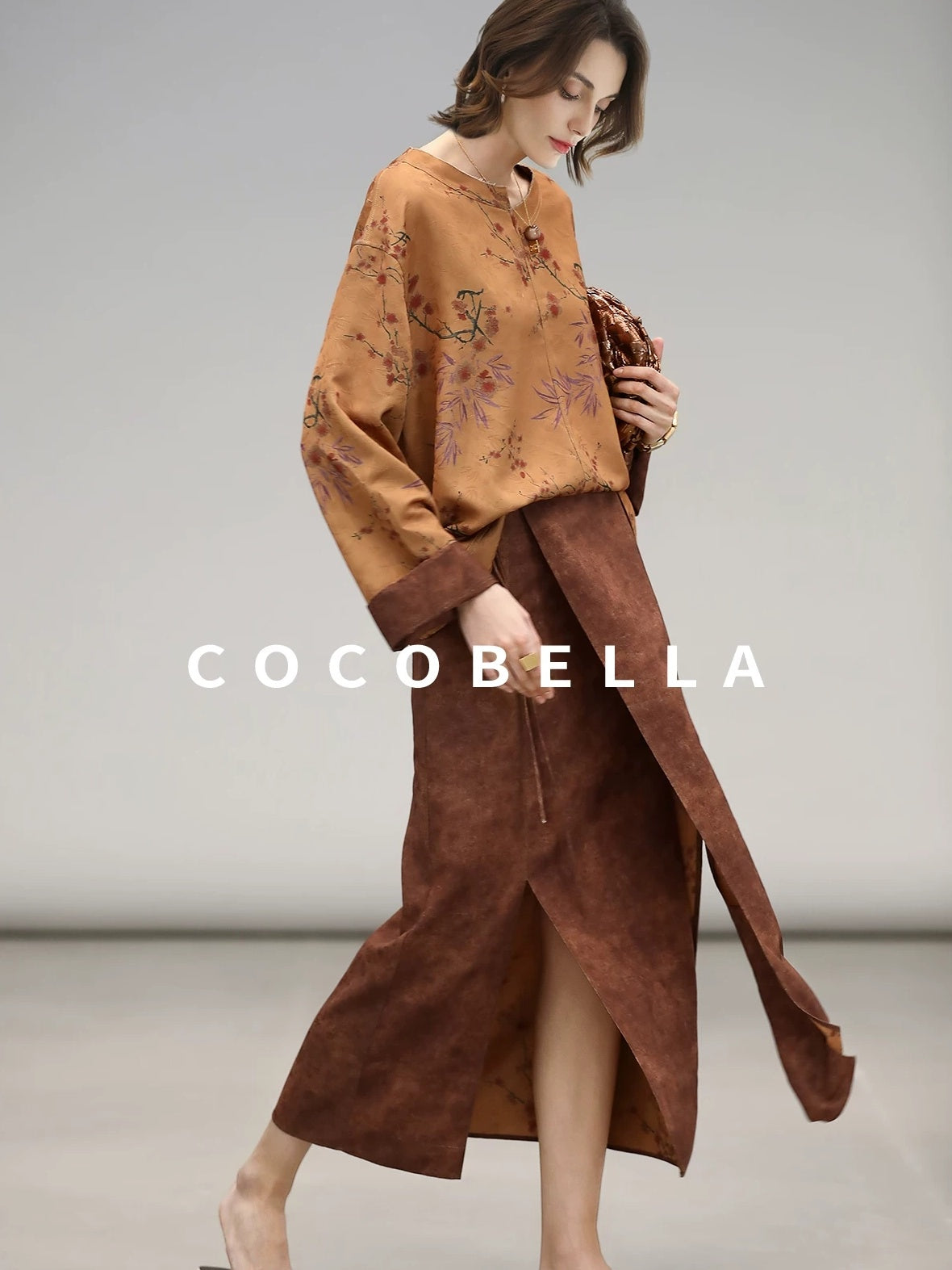 COCOBELLA Reversible Tea Gold Loose Asymmetrical Jacquard Women Long Sleeve Shirts