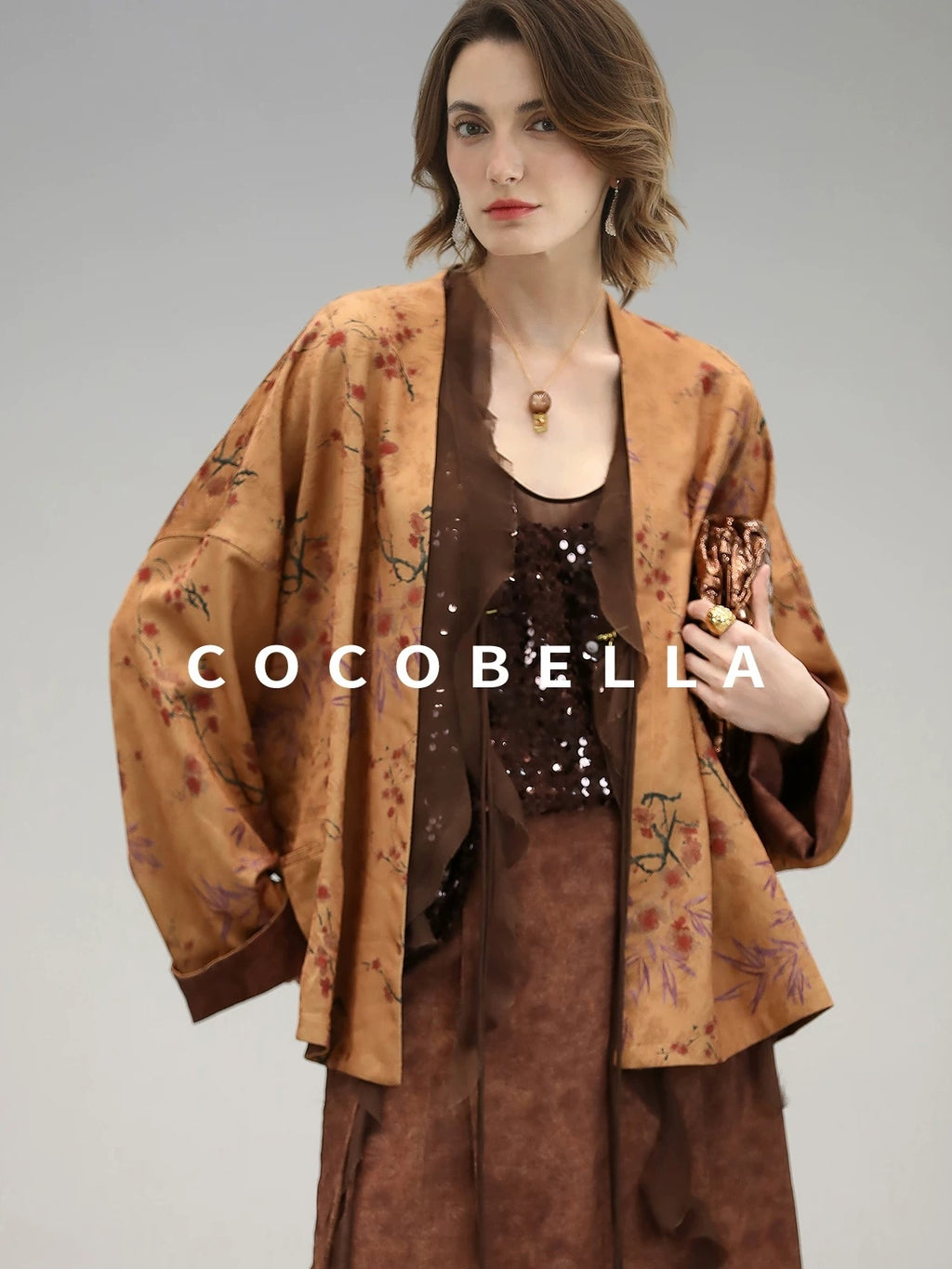 COCOBELLA Reversible Tea Gold Loose Asymmetrical Jacquard Women Long Sleeve Shirts