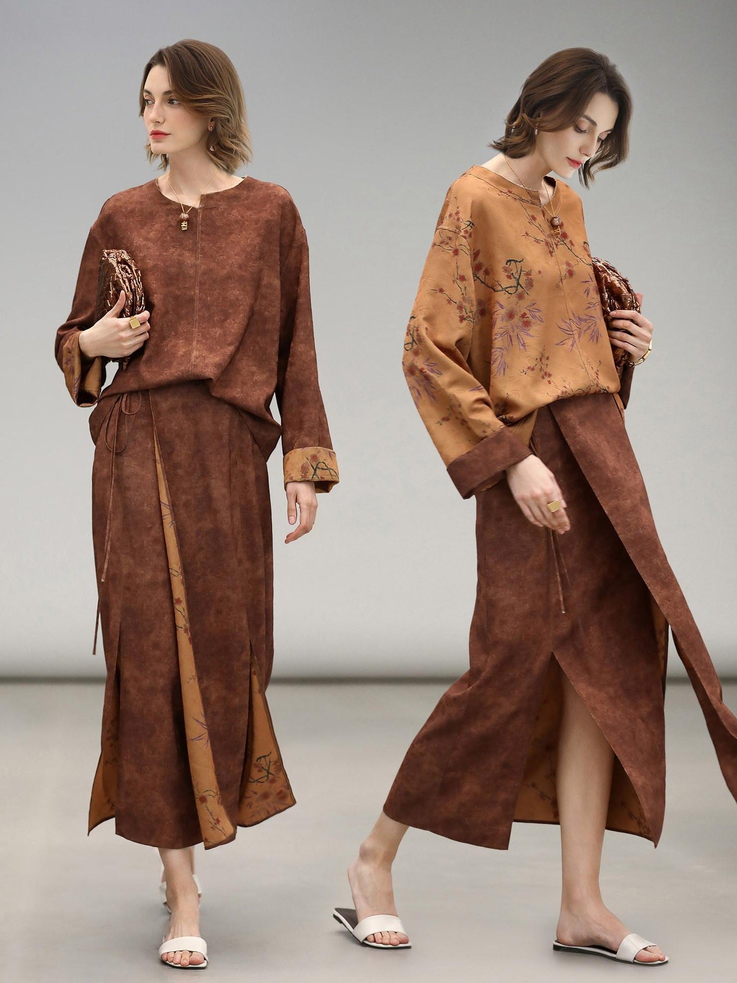 COCOBELLA Reversible Tea Gold Loose Asymmetrical Jacquard Women Long Sleeve Shirts