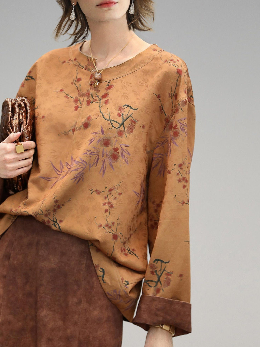 COCOBELLA Reversible Tea Gold Loose Asymmetrical Jacquard Women Long Sleeve Shirts