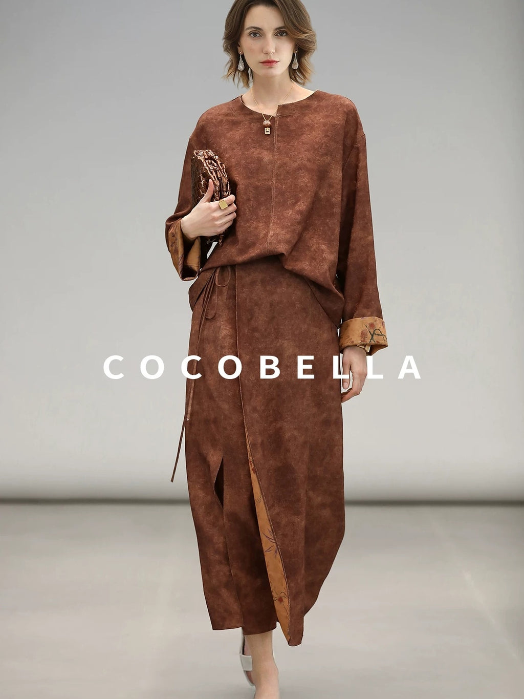 COCOBELLA Reversible Tea Gold Loose Asymmetrical Jacquard Women Long Sleeve Shirts