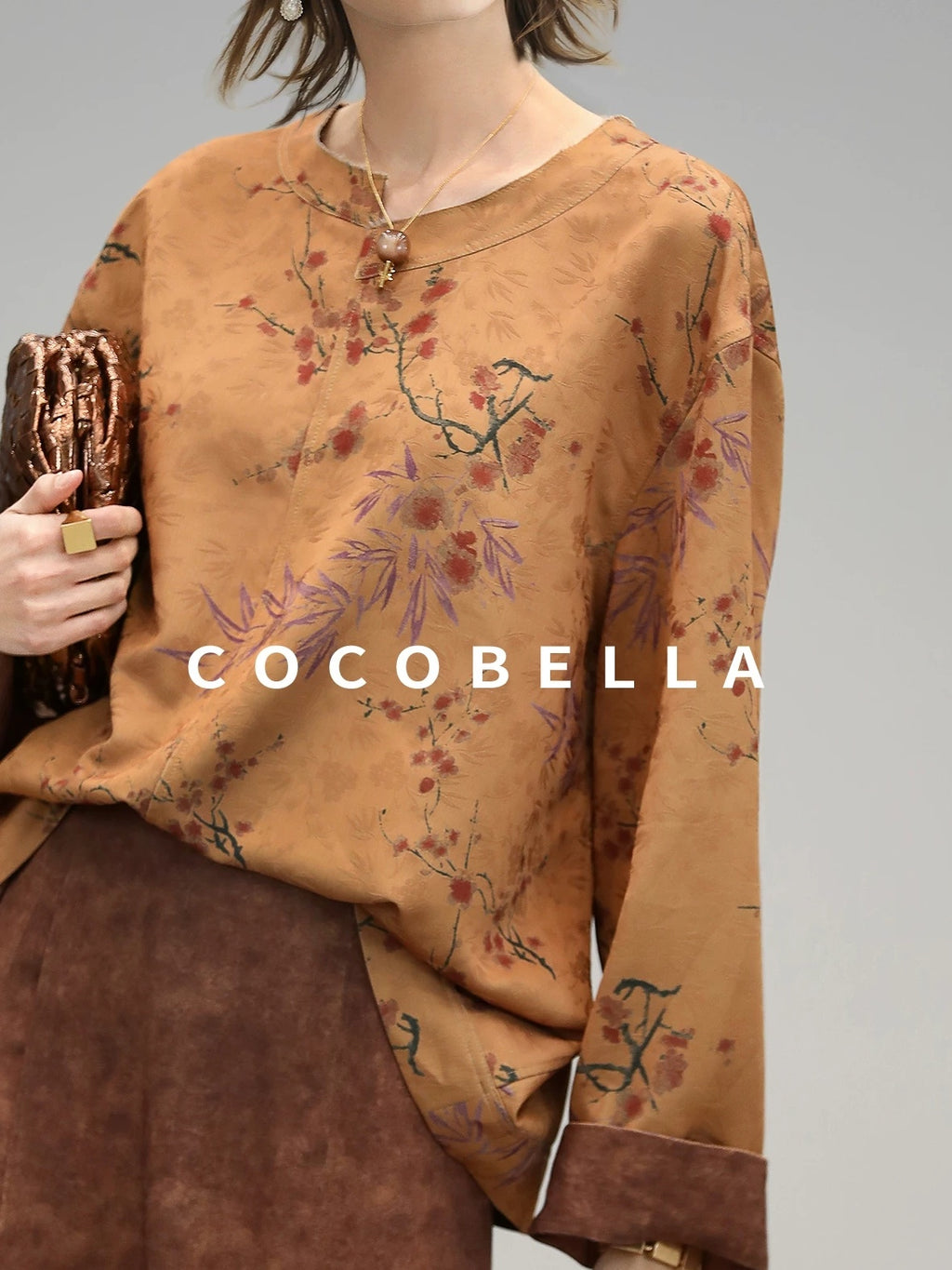 COCOBELLA Reversible Tea Gold Loose Asymmetrical Jacquard Women Long Sleeve Shirts