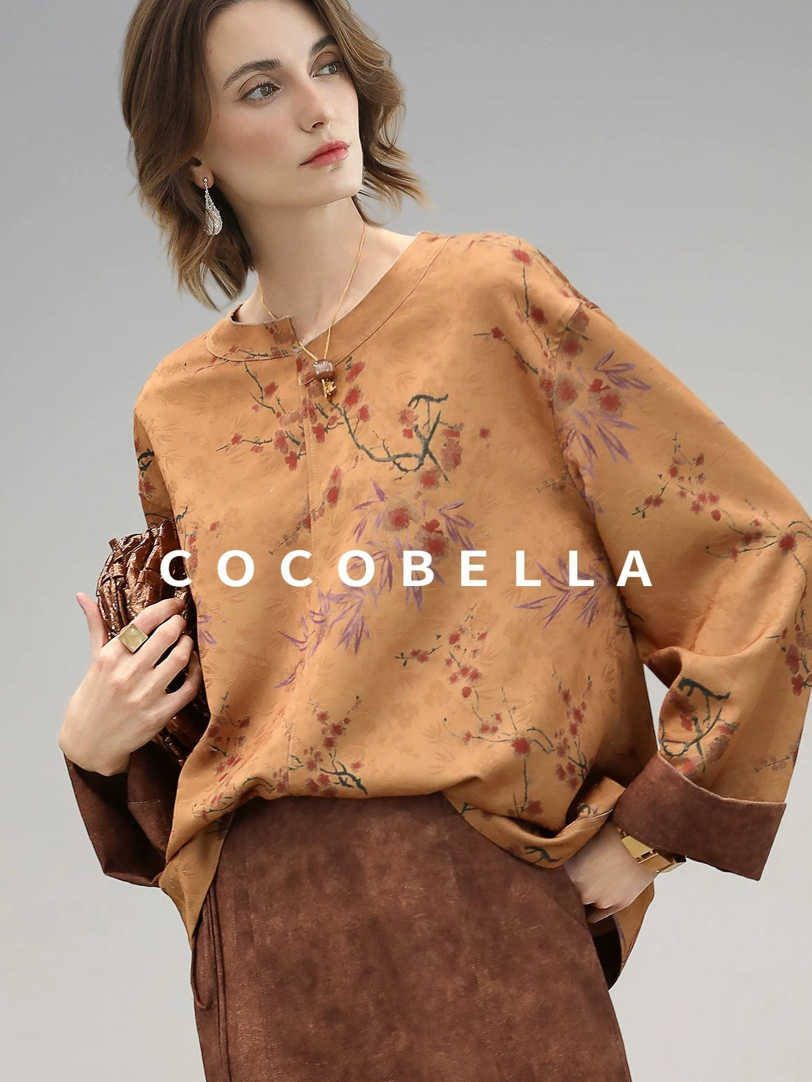 COCOBELLA Reversible Tea Gold Loose Asymmetrical Jacquard Women Long Sleeve Shirts