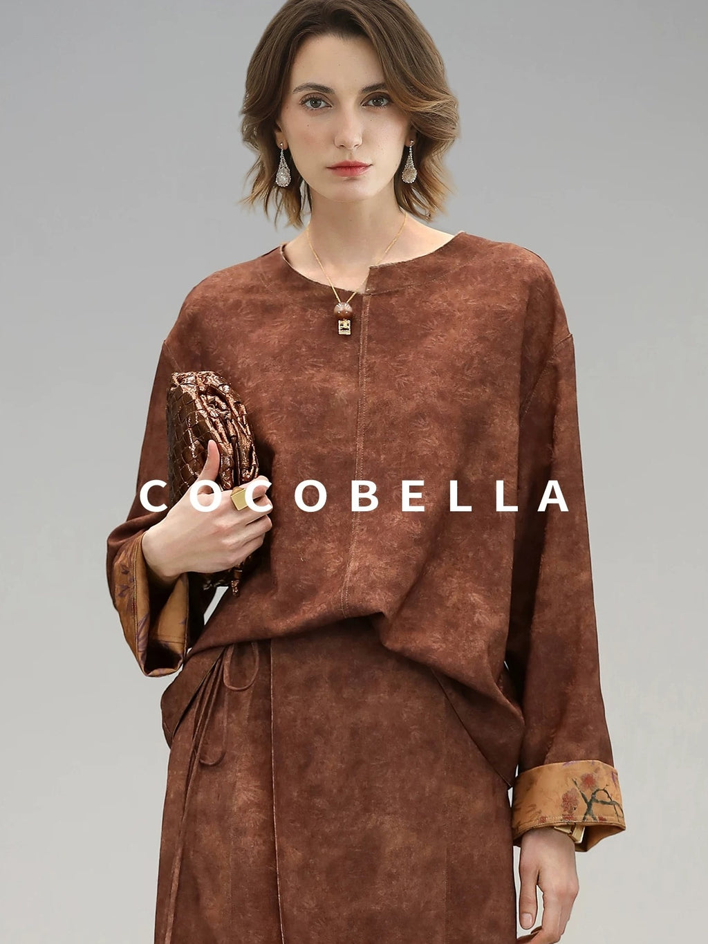 COCOBELLA Reversible Tea Gold Loose Asymmetrical Jacquard Women Long Sleeve Shirts