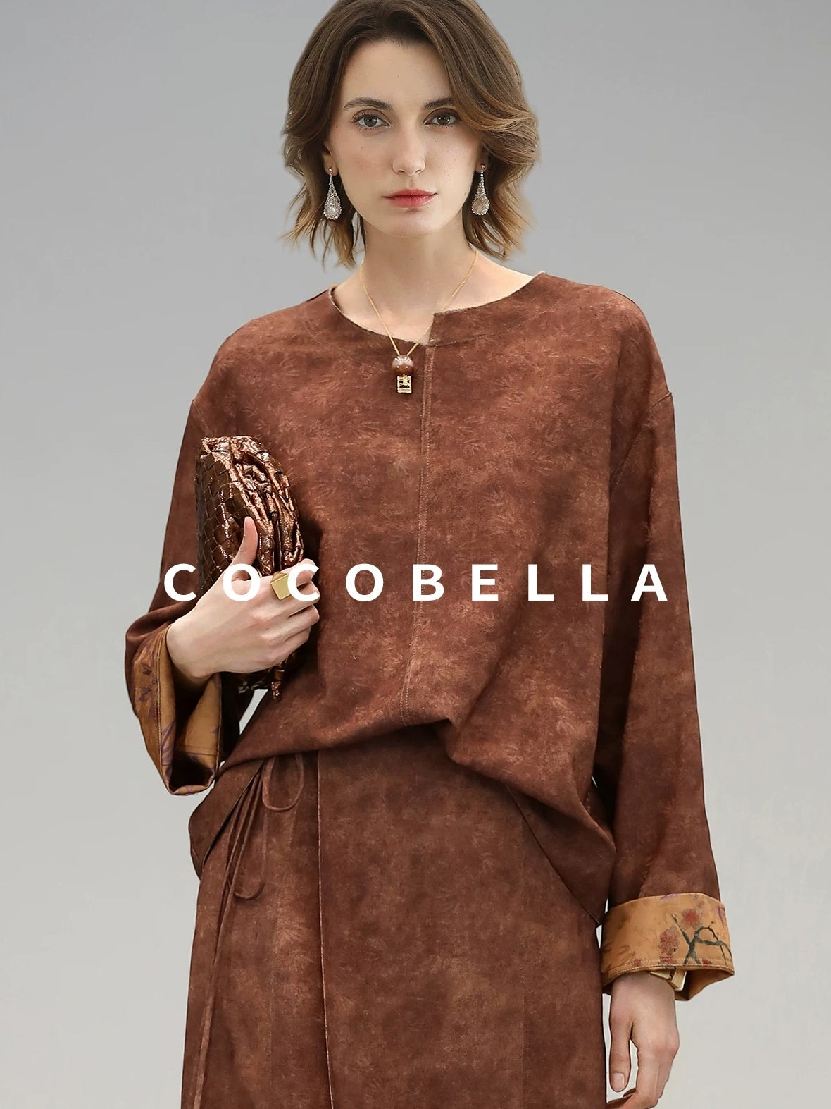 COCOBELLA Reversible Tea Gold Loose Asymmetrical Jacquard Women Long Sleeve Shirts