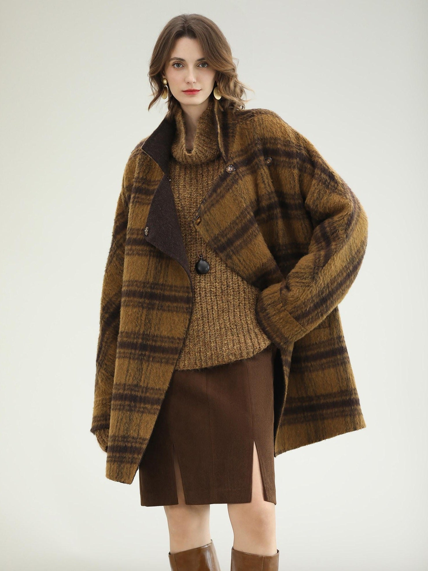 COCOBELLA Reversible Wool Blend Plaid British Straight Cut Women Tailored Mid Length Coats