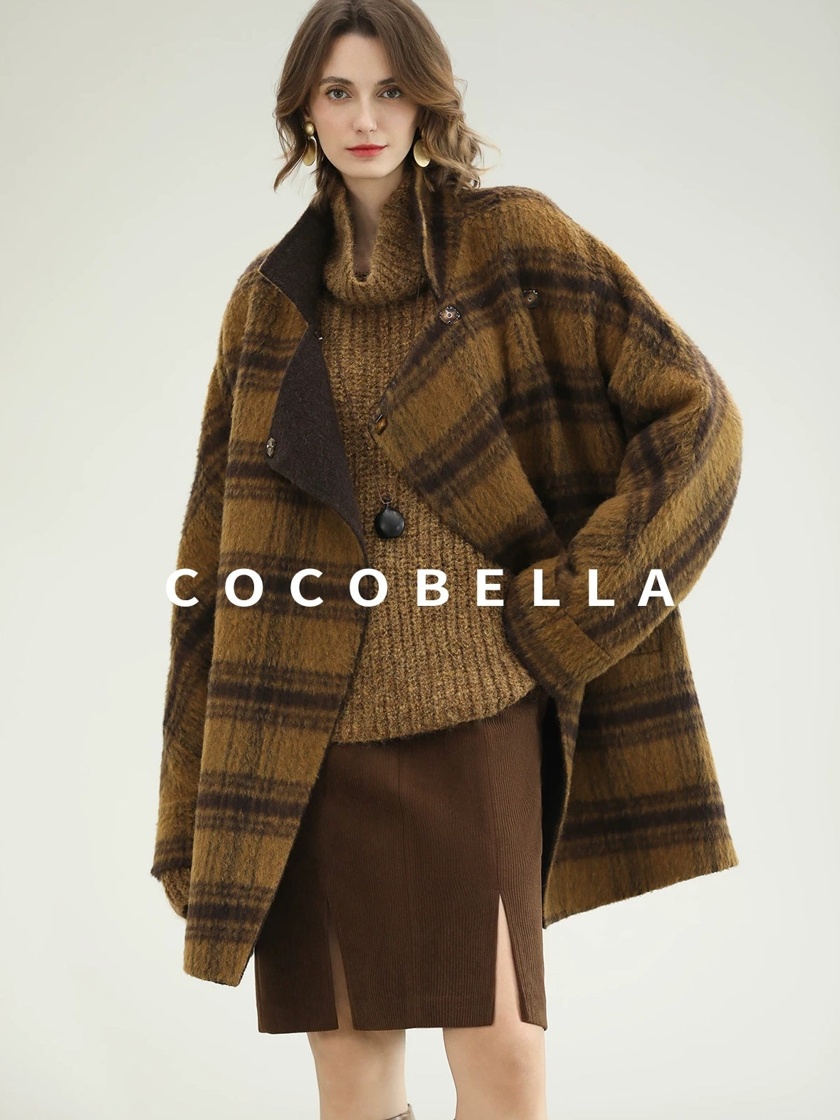 COCOBELLA Reversible Wool Blend Plaid British Straight Cut Women Tailored Mid Length Coats