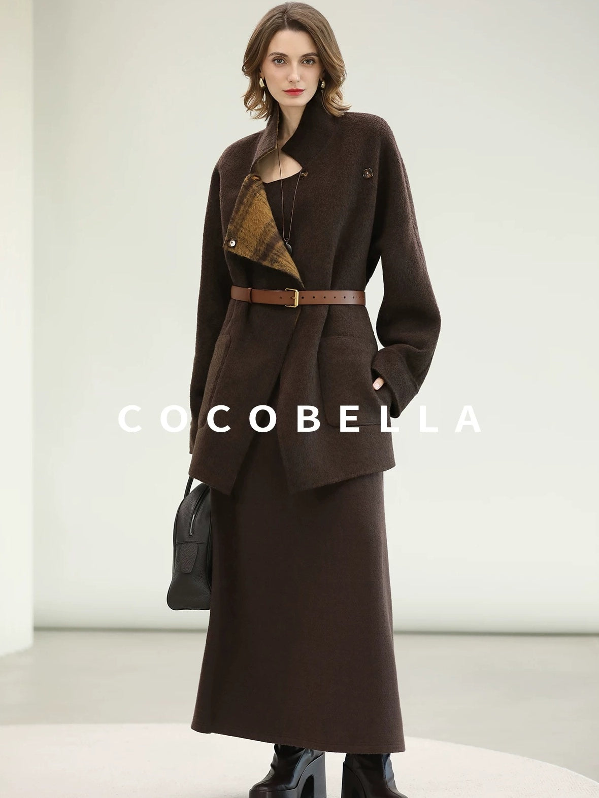 COCOBELLA Reversible Wool Blend Plaid British Straight Cut Women Tailored Mid Length Coats
