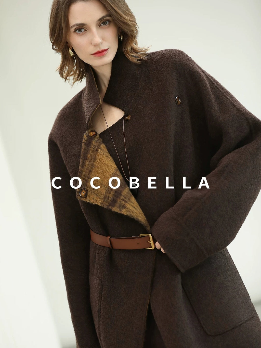 COCOBELLA Reversible Wool Blend Plaid British Straight Cut Women Tailored Mid Length Coats