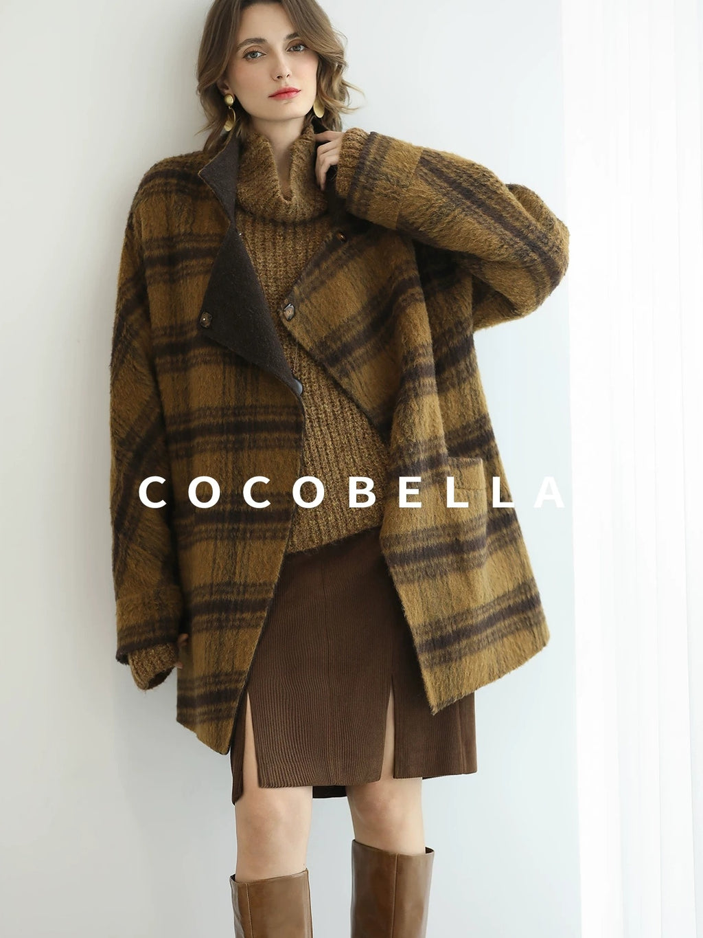 COCOBELLA Reversible Wool Blend Plaid British Straight Cut Women Tailored Mid Length Coats