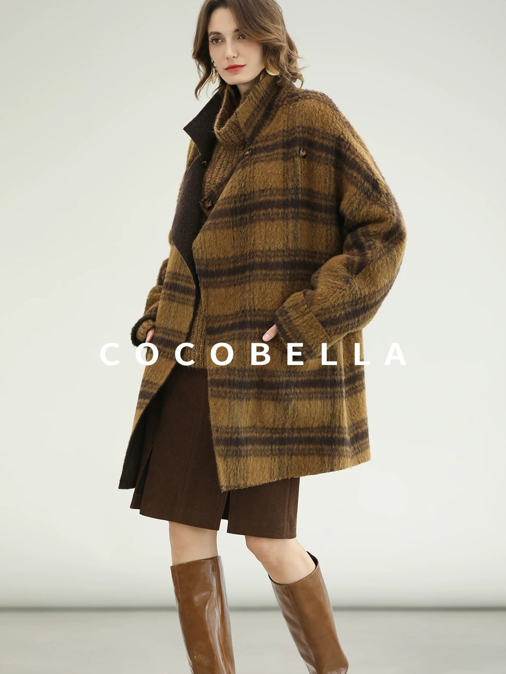COCOBELLA Reversible Wool Blend Plaid British Straight Cut Women Tailored Mid Length Coats
