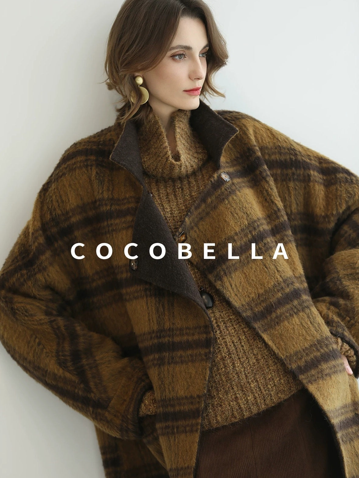 COCOBELLA Reversible Wool Blend Plaid British Straight Cut Women Tailored Mid Length Coats