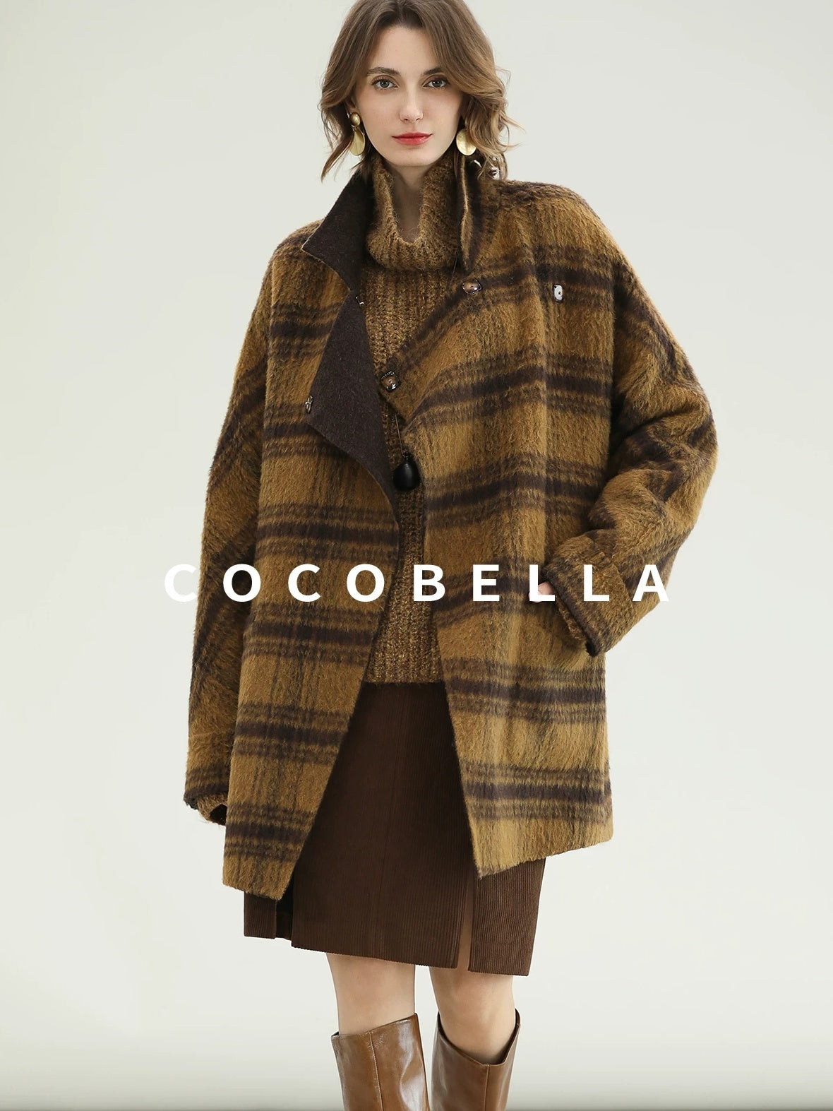 COCOBELLA Reversible Wool Blend Plaid British Straight Cut Women Tailored Mid Length Coats