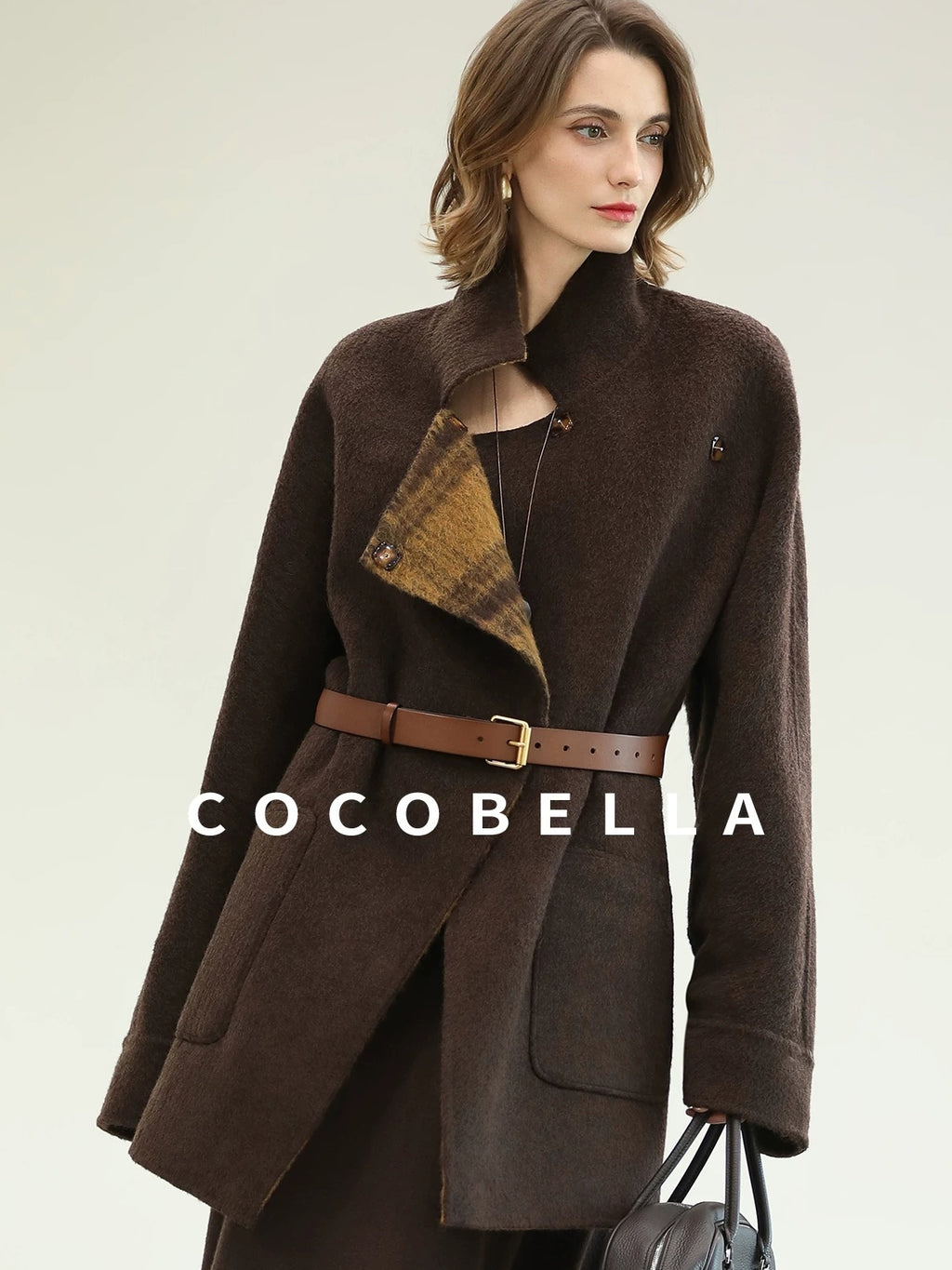 COCOBELLA Reversible Wool Blend Plaid British Straight Cut Women Tailored Mid Length Coats