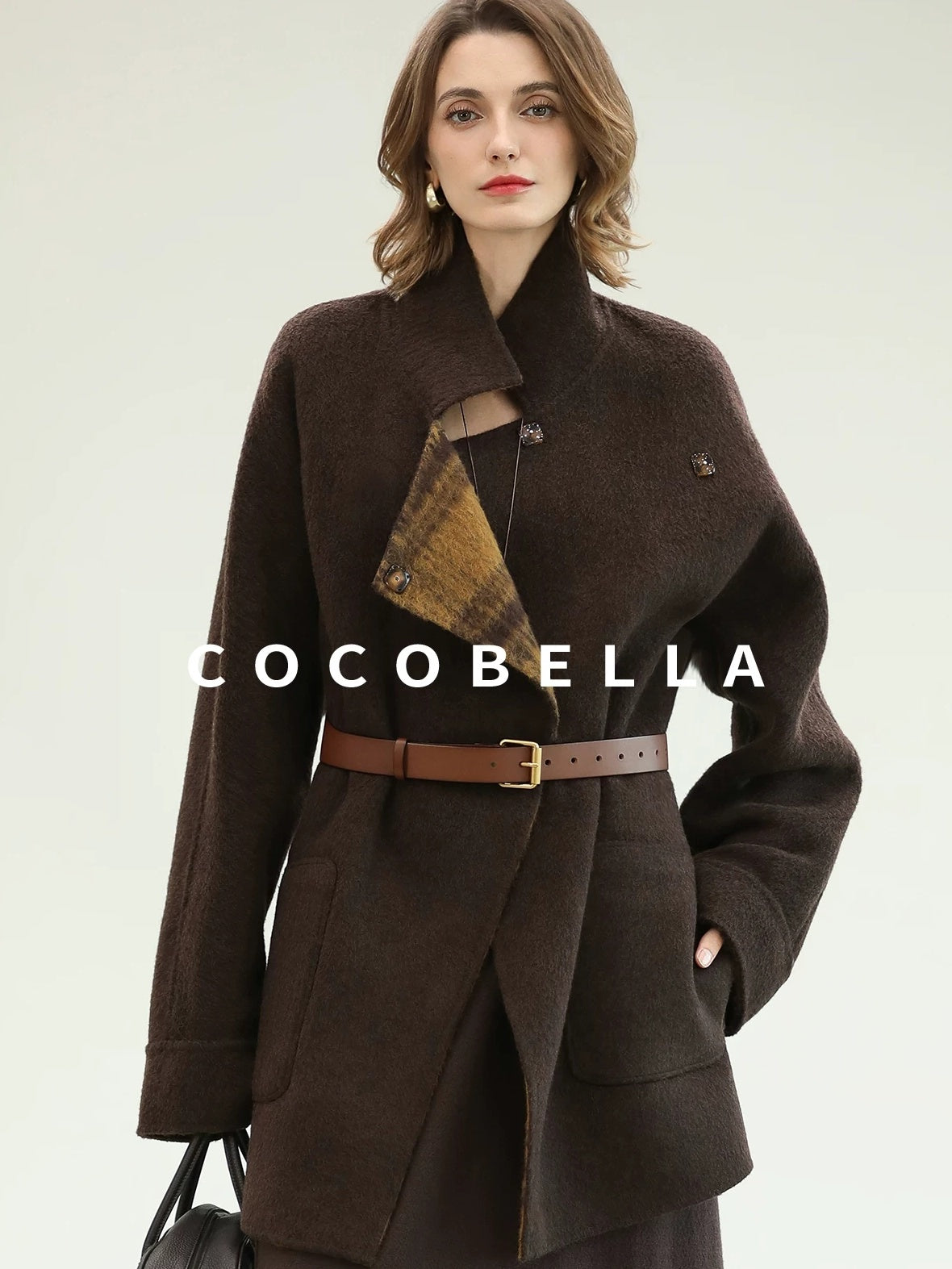 COCOBELLA Reversible Wool Blend Plaid British Straight Cut Women Tailored Mid Length Coats