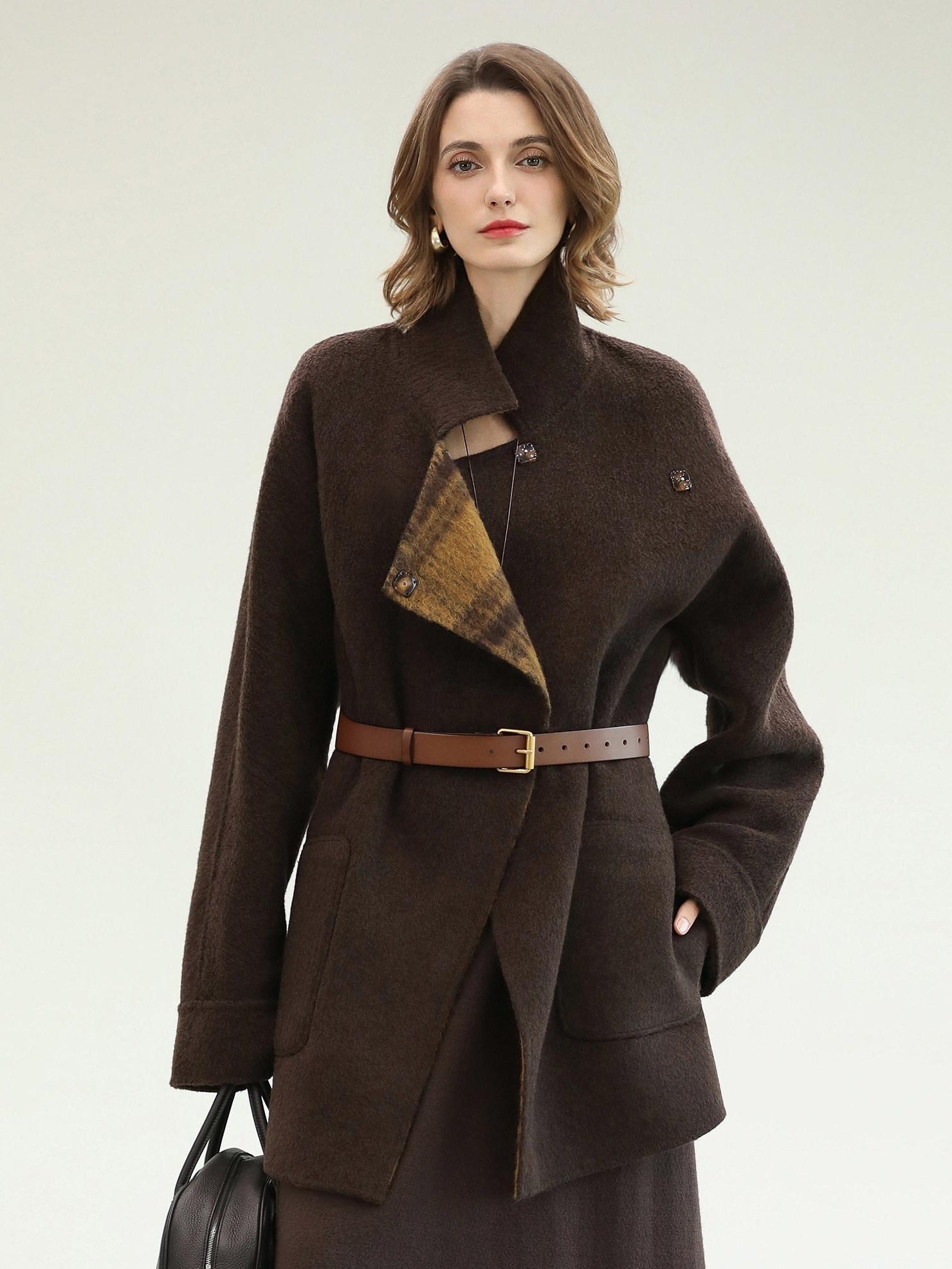 COCOBELLA Reversible Wool Blend Plaid British Straight Cut Women Tailored Mid Length Coats