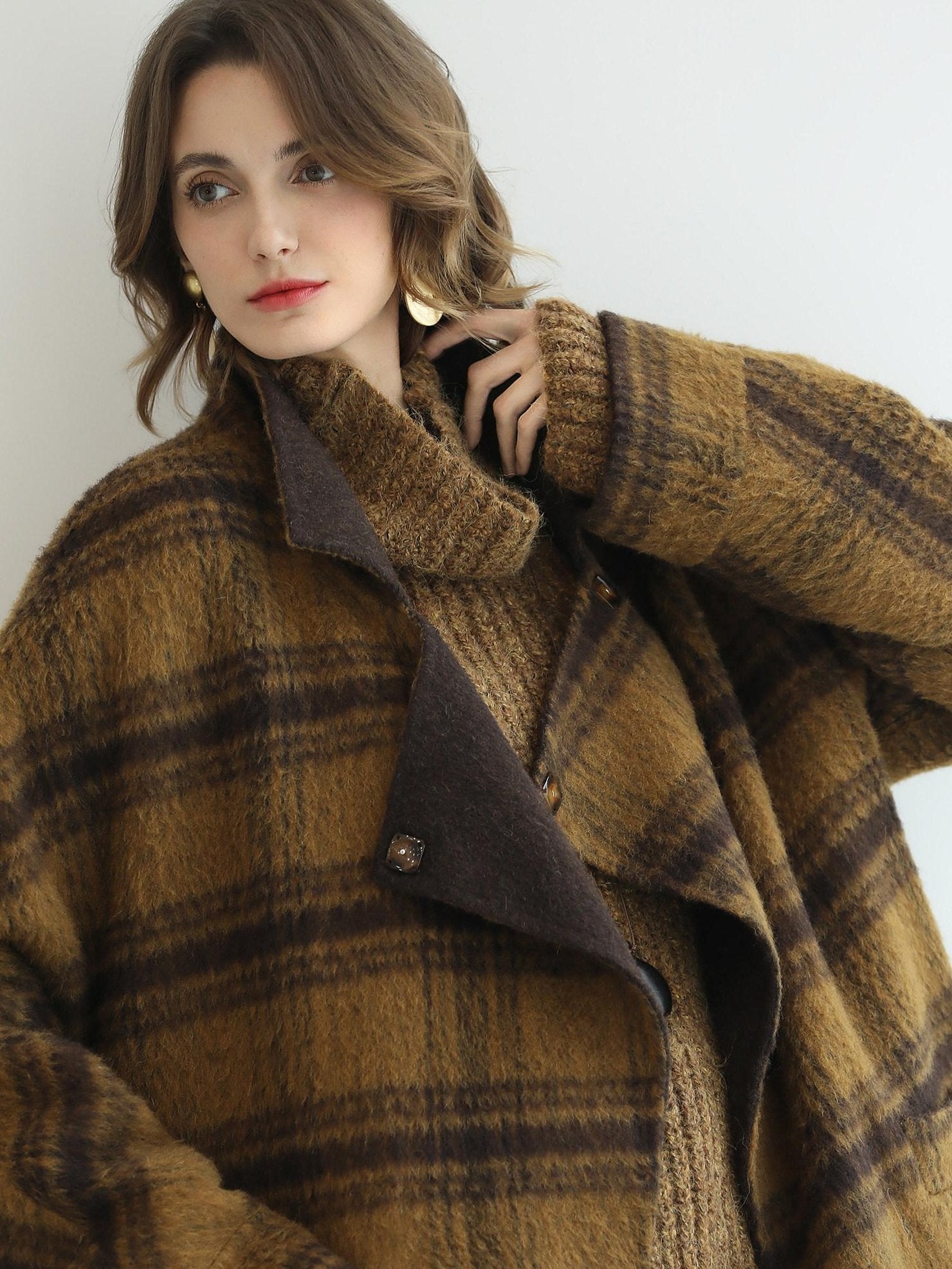 COCOBELLA Reversible Wool Blend Plaid British Straight Cut Women Tailored Mid Length Coats